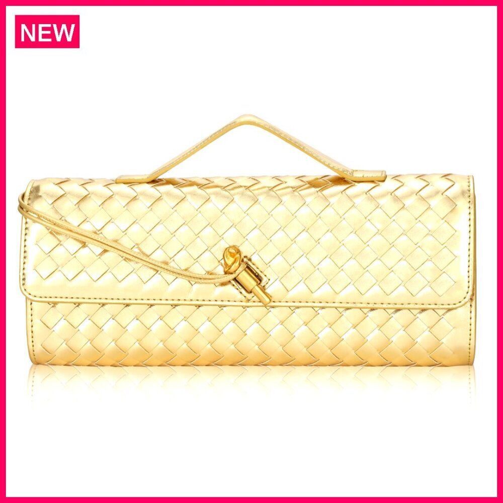PU Leather Woven Clutch Evening Bag with Adjustable Strap 8.2x5.1x2.3